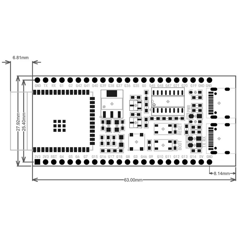 Dimensions de la carte ESP32 S3